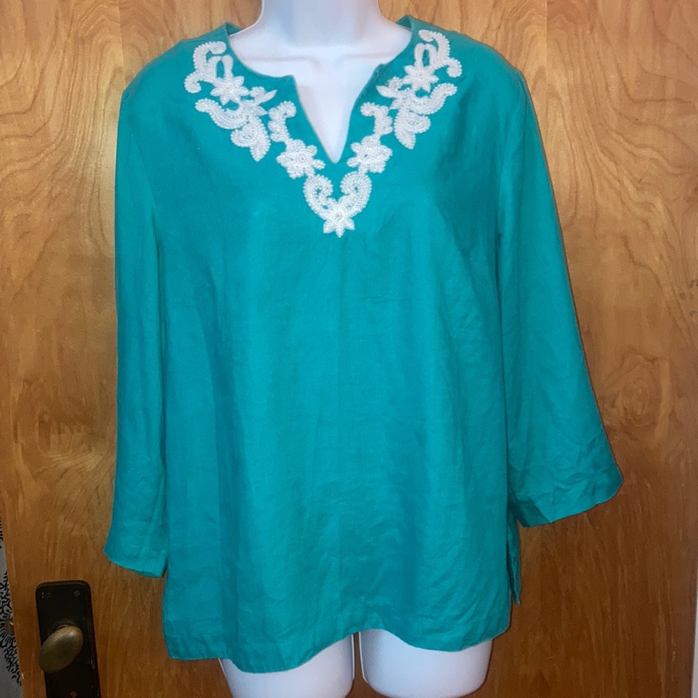 Talbots Teal Turquoise Aqua Embroidered Blouse Size Medium Petite